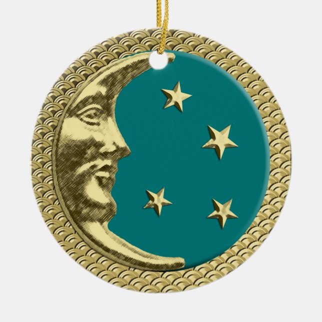 Art Deco Måne och Stars Teal på Guld-bakgrunden Julgransprydnad Keramik (Framsidan)