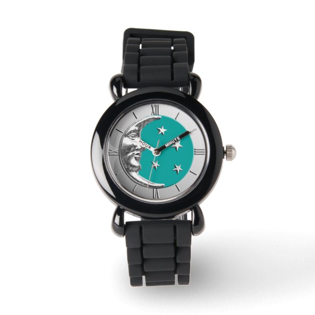 Art Deco Måne och Stars - Turquise & Silver Armbandsur (Framsida)