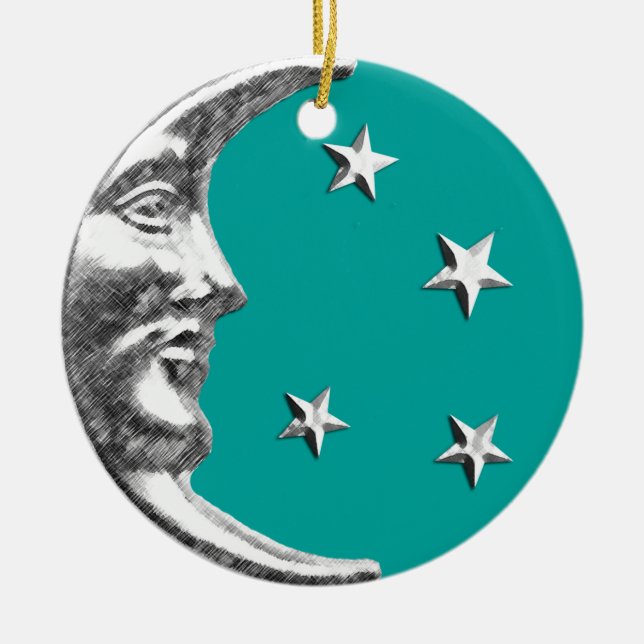 Art Deco Måne och Stars - Turquise & Silver Julgransprydnad Keramik (Framsidan)