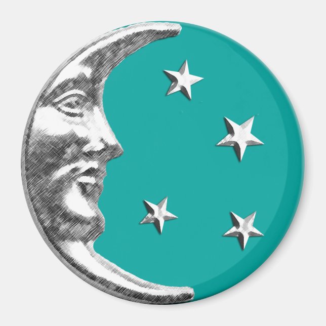 Art Deco Måne och Stars - Turquise & Silver Magnet (Framsidan)
