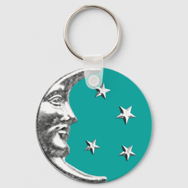 Art Deco Måne och Stars - Turquise & Silver Nyckelring (Framsida)
