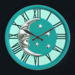 Art Deco Måne och Stars - Turquise & Silver Stor Klocka<br><div class="desc">Klassisk Art Deco måne och stjärnor i borstad silver på emel-utseende,  turkos/påk med lätt turkos bakgrund</div>