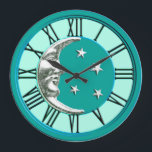 Art Deco Måne och Stars - Turquise & Silver Stor Klocka<br><div class="desc">Klassisk Art Deco måne och stjärnor i borstad silver på emel-utseende,  turkos/påk med lätt turkos bakgrund</div>