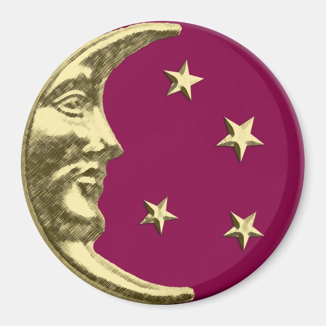 Art Deco Måne och Stjärnor - Burgundy och Guld Magnet (Framsidan)
