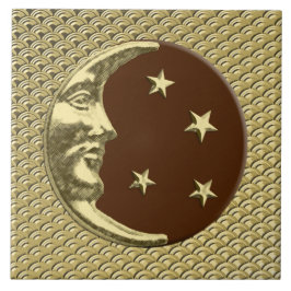 Art Deco Måne och stjärnor - Chocolate Brown & Gul Kakelplatta