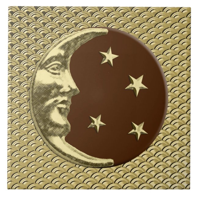 Art Deco Måne och stjärnor - Chocolate Brown & Gul Kakelplatta (Framsidan)