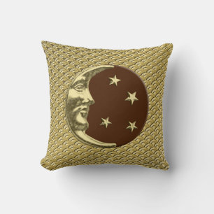 Art Deco Måne och stjärnor - Chocolate Brown & Gul Kudde