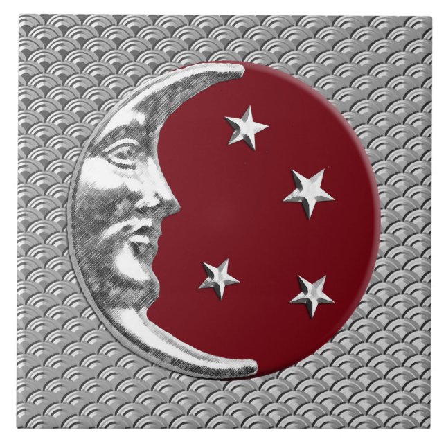 Art Deco Måne och stjärnor - Mörk Red och Silver Kakelplatta (Framsidan)
