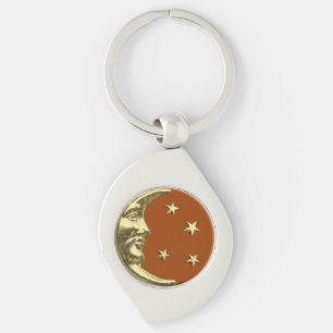 Art Deco måne och stjärnor - Rostbrun och guld Swirl Silverfärgad Nyckelring