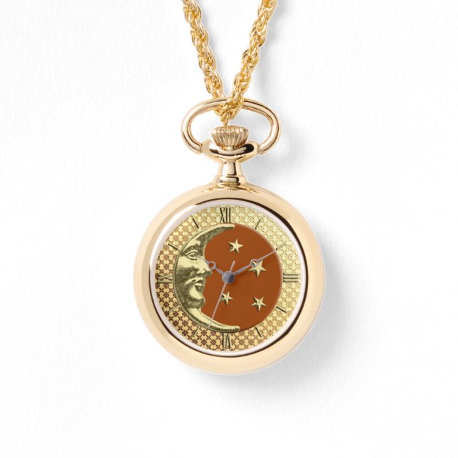 Art Deco-måne och stjärnor, roströd och guldfärgad Armbandsur (Framsida)