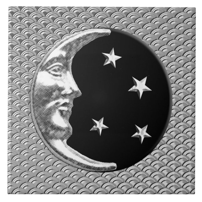 Art Deco Måne och stjärnor - Svarta och Silver Kakelplatta (Framsidan)