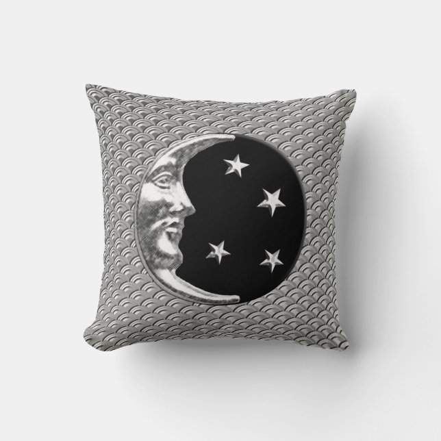 Art Deco Måne och stjärnor - Svarta och Silver Kudde (Framsida)