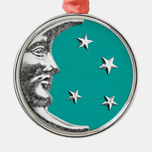 Art Deco Måne och Stjärnor - Turkos & Silver Julgransprydnad Metall (Framsidan)
