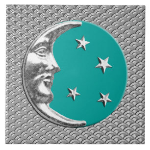 Art Deco måne och stjärnor - Turkos & Silver Kakelplatta
