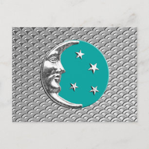 Art Deco Måne och stjärnor - Turquise & Silver Vykort