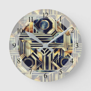 Art-deco marble Black och guld Jazzy Geometric Rund Klocka