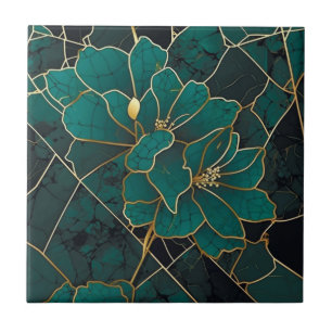 Art Deco Marble Mosaic Blommigt Emerald Grönt & Gu Kakelplatta