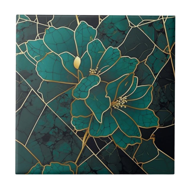 Art Deco Marble Mosaic Blommigt Emerald Grönt & Gu Kakelplatta (Framsidan)