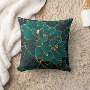 Art Deco Marble Mosaic Blommigt Emerald Grönt & Gu Kudde