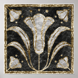 Art Deco Marble Tile-Blommigt. Blå blommor Poster