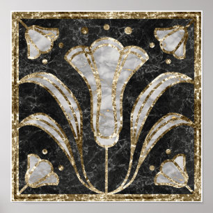 Art Deco Marble Tile-Blommigt. Blå blommor Poster