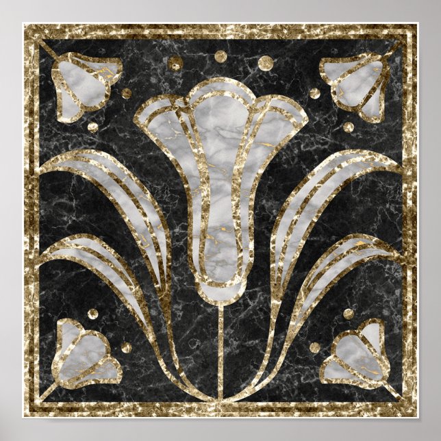 Art Deco Marble Tile-Blommigt. Blå blommor Poster (Framsidan)