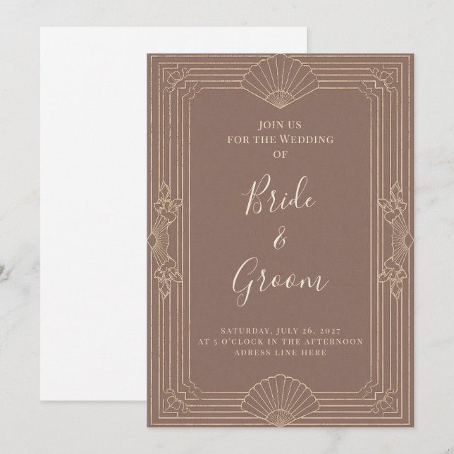 Art Deco Mauve Champagne Guld Redigerbar Bröllop Inbjudningar (Fram/baksida)