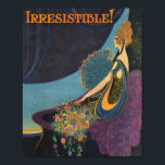 Art Deco Mavis Perfume Advertisement Poster<br><div class="desc">Vintage art deco design of woman with a shower of blossoms and the caption "Irresistible!"  Colorful purples,  blues and golds. Vintage Mavis Perfume.</div>