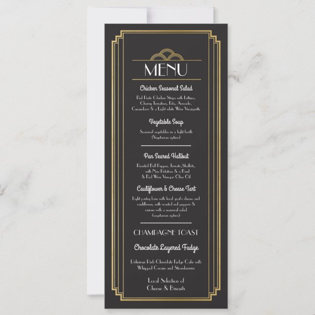 Art Deco Menu Guld Black Wedding Reception Inbjudningar (Framsida)