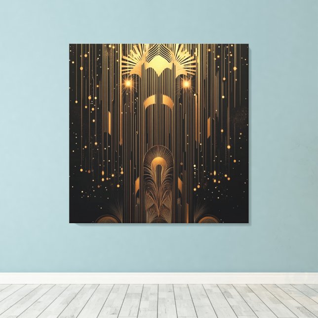 Art Deco Metallic Gold Rain on Black Stylish Canvastryck (Insitu (trägolv))