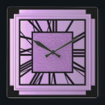 Art Deco, metalliska orkidéer Fyrkantig Klocka<br><div class="desc">Art Deco,  metallisk orchid,  väggklocka med 3 d effekt med svarta siffror - digital grafik</div>