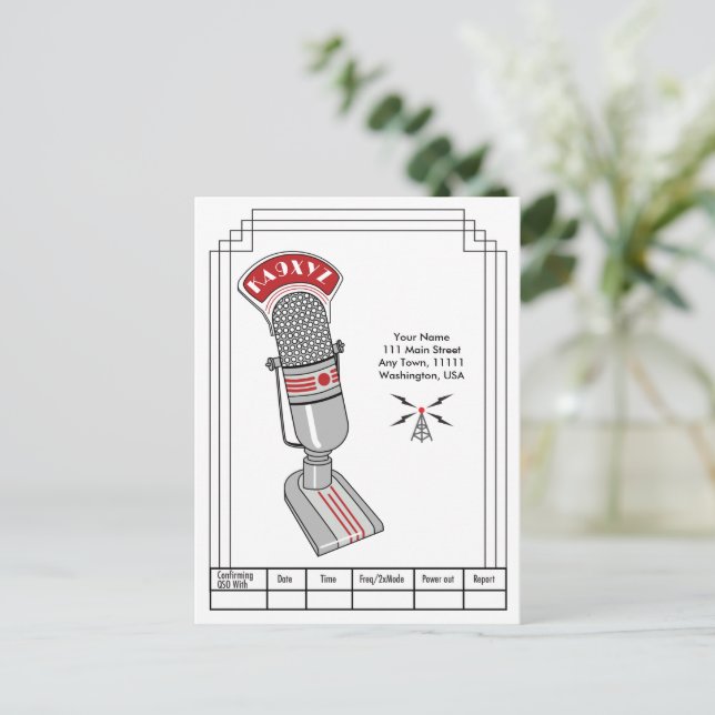 Art Deco-mikrofon och sändare QSL Vykort (Stående Fram)