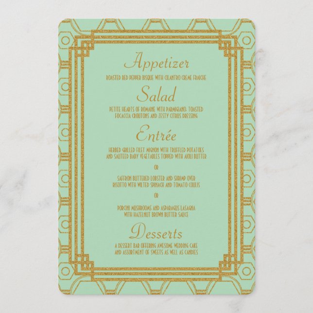Art Deco Mint Bröllop Menu Meny (Framsida)
