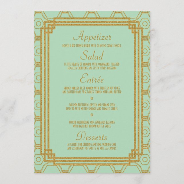 Art Deco Mint Bröllop Menu Meny (Framsida)