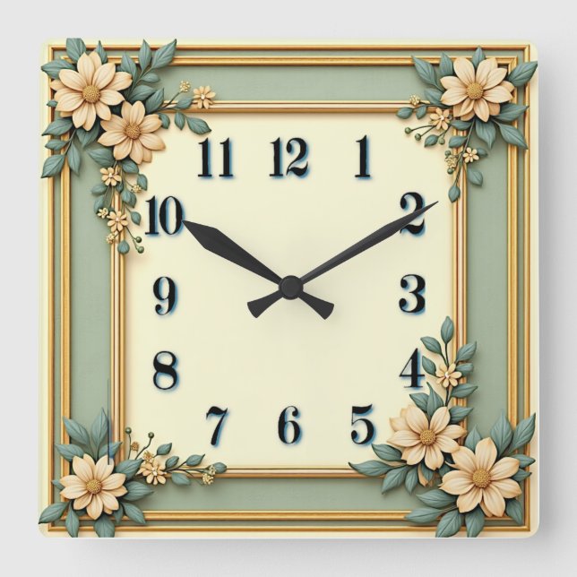 Art Deco Mint Flower Fyrkantig Klocka (Framsida)