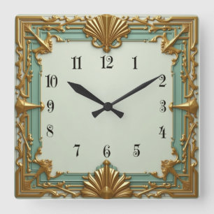 Art Deco Mint och Guld Fyrkantig Klocka