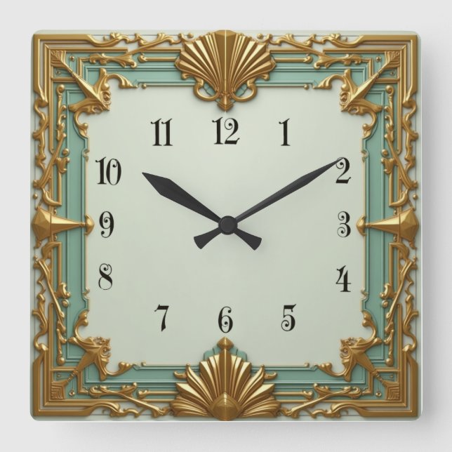 Art Deco Mint och Guld Fyrkantig Klocka (Framsida)