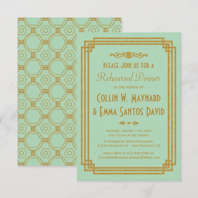 Art Deco Mint Rehearsal Dinner Inbjudan (Fram/baksida)