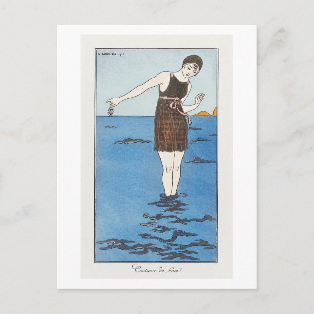 Art Deco modeplanschen av badklänning av Barbier Vykort (Framsida)