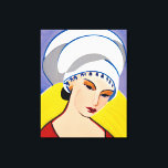 Art Deco Modern Dam i Turban Canvastryck<br><div class="desc">Canvas i en modern,  halvabstrakt,  Art Deco inspirerade porträtt i dam i rött med vit turban,  mot en gult och blå grått-bakgrund</div>
