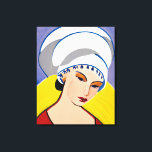 Art Deco Modern Dam i Turban Canvastryck<br><div class="desc">Canvas i en modern,  halvabstrakt,  Art Deco inspirerade porträtt i dam i rött med vit turban,  mot en gult och blå grått-bakgrund</div>