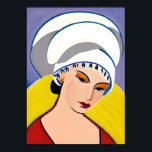 Art Deco Modern Dam i Turban Poster<br><div class="desc">Poster i en modern,  halvabstrakt,  Art Deco-inspirerad porträtt i dam i rött med vit turban,  mot en gult och blå grått-bakgrund</div>