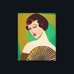 Art Deco Modern Dam med Fläkt Canvastryck<br><div class="desc">Canvas i en modern,  halvabstrakt,  Art Deco inspirerade porträtt av ett dam,  som höll ett fläkt,  mot bakgrund av en,  en grönt och färgaden guld</div>