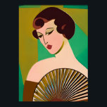 Art Deco Modern Dam med Fläkt Poster<br><div class="desc">Poster i en modern,  halvabstrakt,  Art Deco inspirerade porträtt av ett dam som är på modet och som håller fläkt,  mot bakgrund av en som är på jad-grönt och guld-färgad</div>