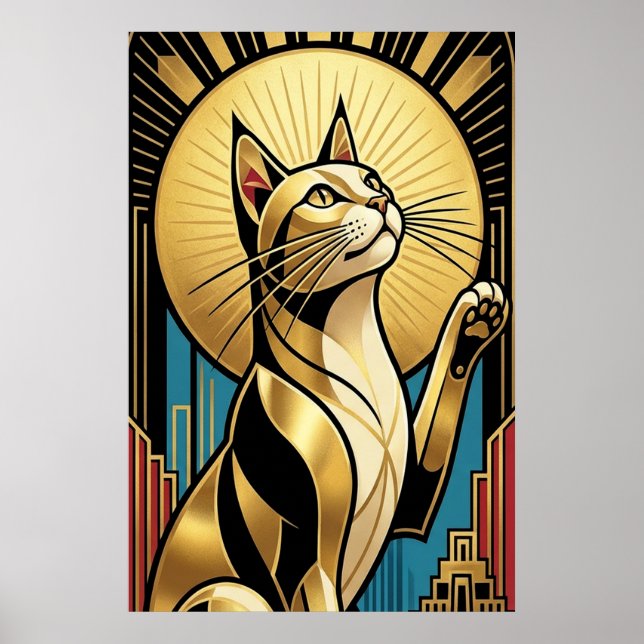 Art Deco Modern Golden Tuxedo Cat Wall Art Poster (Framsidan)