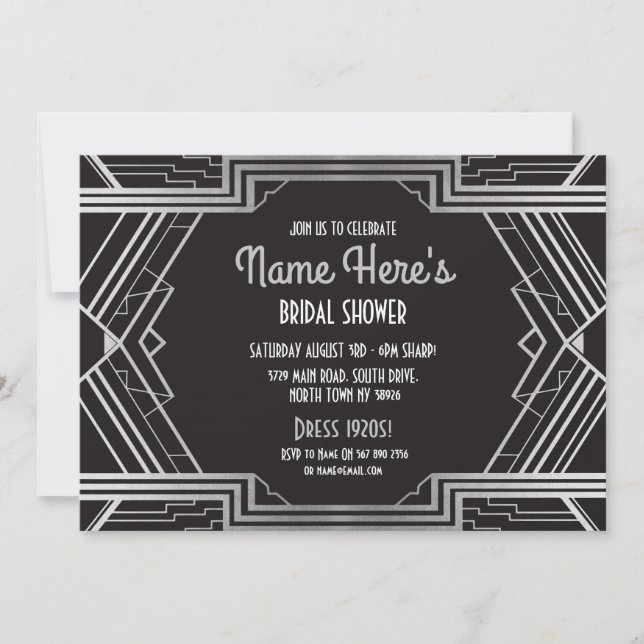 Art Deco Möhippa Party Gatsby Silver Inbjudningar (Framsida)