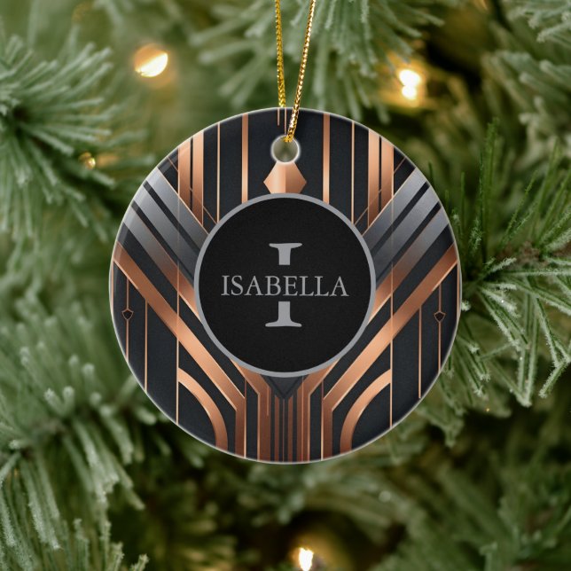 Art Deco Monogram Circle Name Design Julgransprydnad Keramik (Träd)