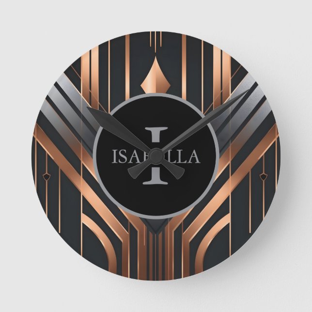 Art Deco Monogram Cirkel Namn Design Rund Klocka (Framsida)