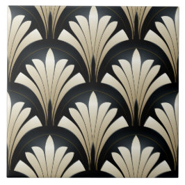 Art Deco Mönster, Black and Beige Löv Kakelplatta