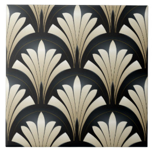 Art Deco Mönster, Black and Beige Löv Kakelplatta